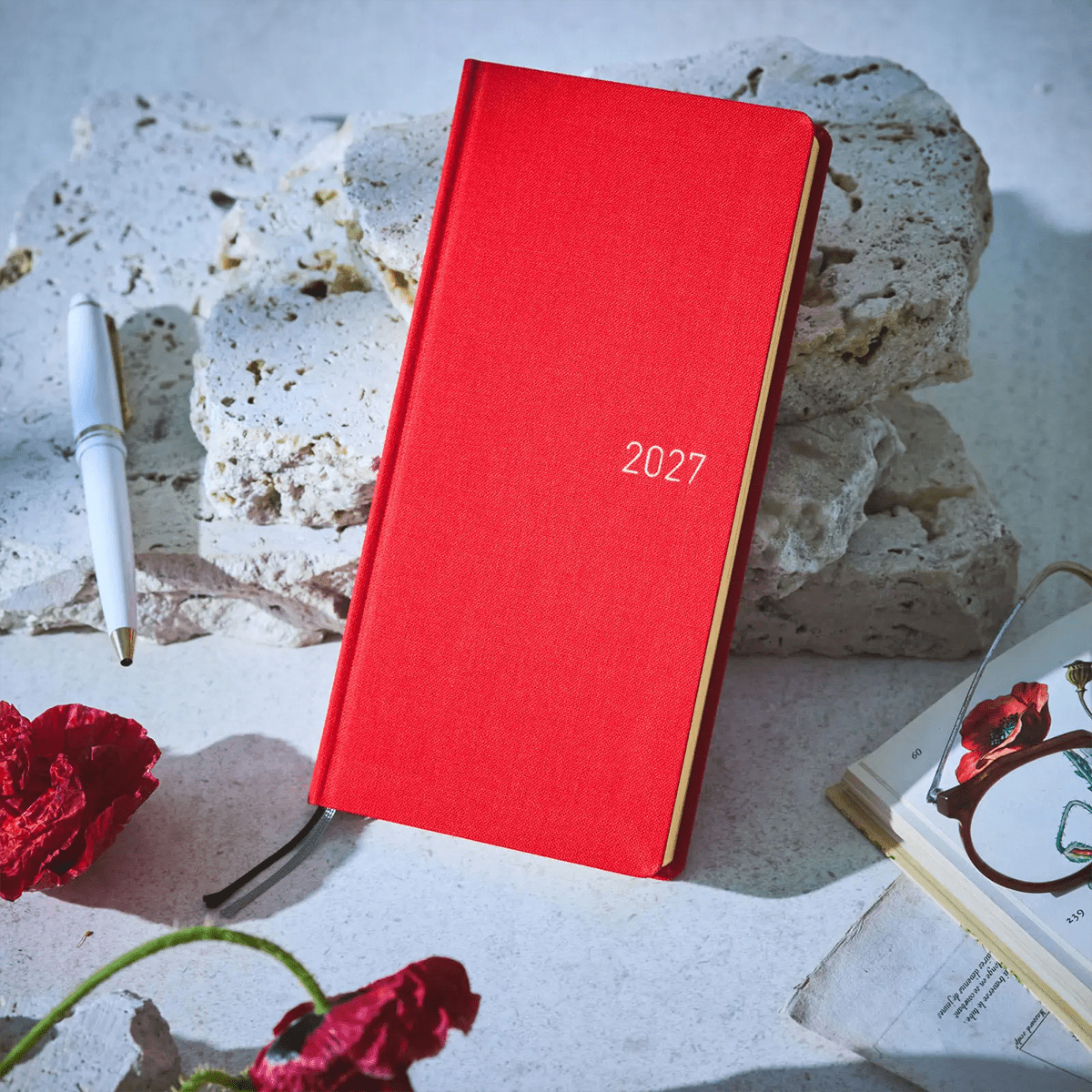Hobonichi 2027 Mega Light Hard Cover English Book - Colors: Poppy Red - Tall & Slim (Weeks - January Start) - Pen Boutique Ltd