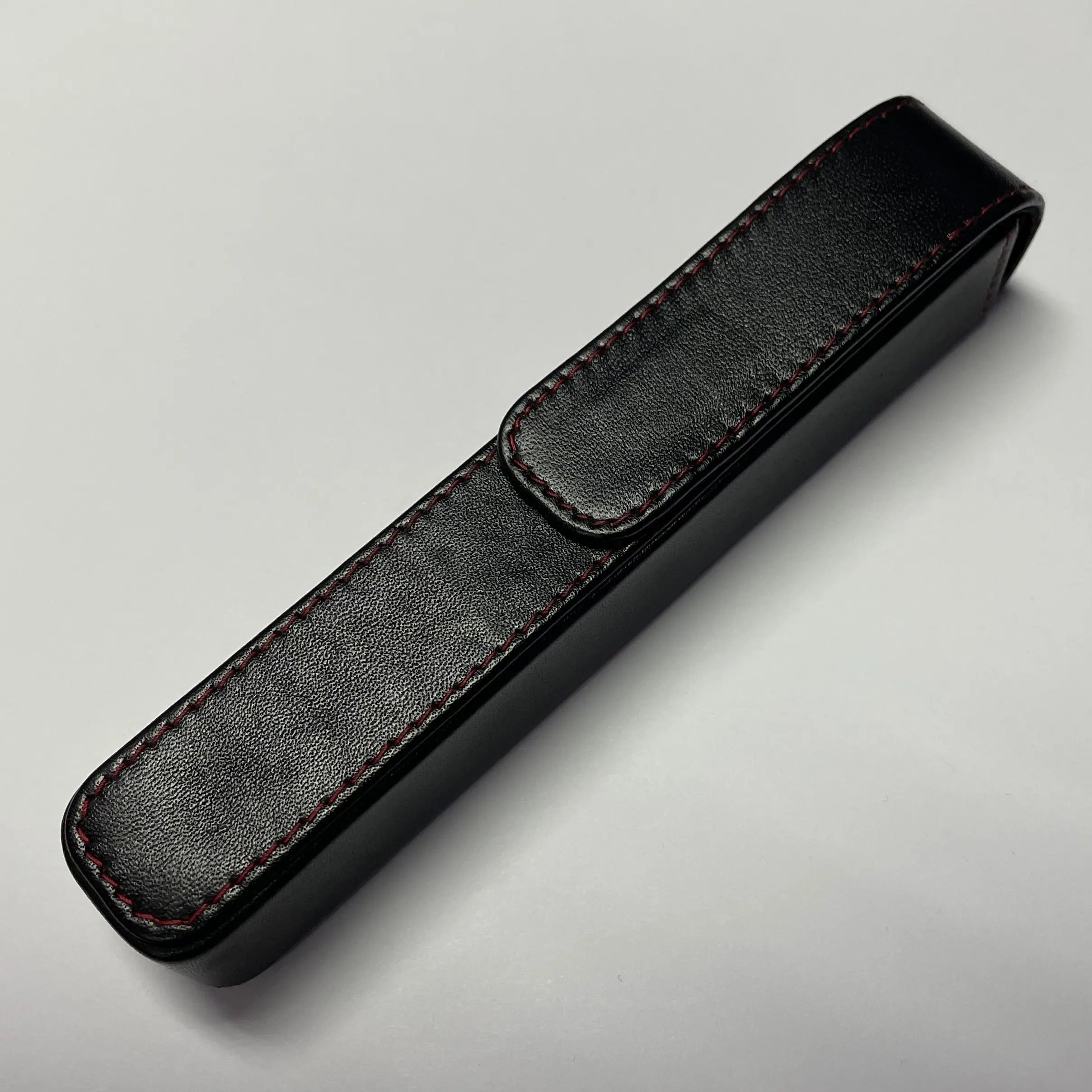 Pen Boutique Yak Leather Single Pen Box - Black with Red Stitching - Magnetic Closure Yak Leather