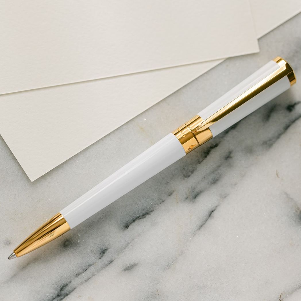 S T Dupont Liberte Ballpoint Pen - White - Gold Trim-Pen Boutique Ltd