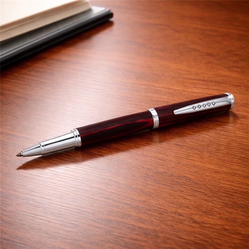 Tom Hessin Edinburgh Forth Bridge Red Rollerball Pen – Wooden Barrel, Chrome Trim - Pen Boutique Ltd