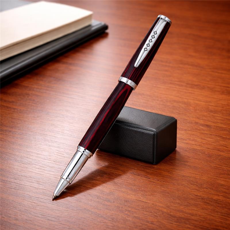 Tom Hessin Edinburgh Forth Bridge Red Rollerball Pen – Wooden Barrel, Chrome Trim - Pen Boutique Ltd