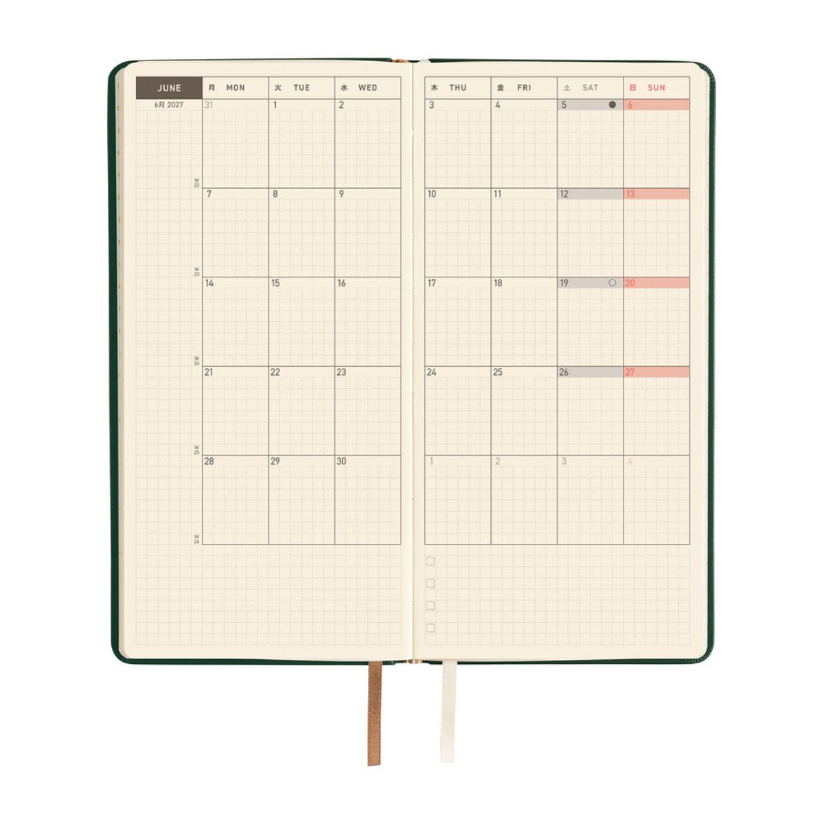 Hobonichi 2027 Light Hardcover English Book - Leather: Forest Green - Tall & Slim (Weeks - January Start) - Pen Boutique Ltd