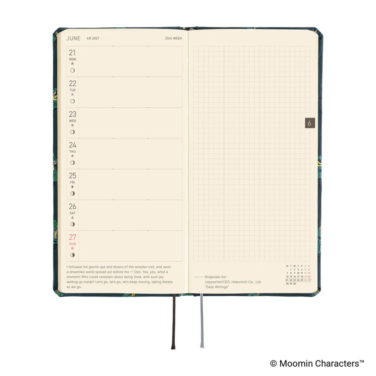 Hobonichi 2027 Light Hardcover Book - Moomin: A Day in the Life of Snufkin - Tall & Slim (Weeks - January Start) - Pen Boutique Ltd