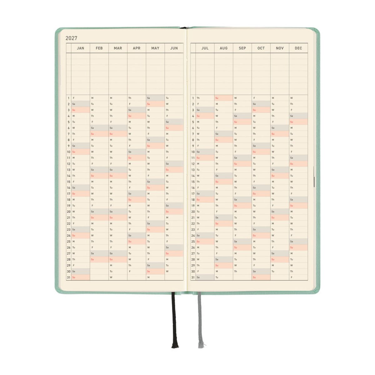 Hobonichi 2027 Light Hardcover English Book - Paper Series: Frosty Jade - Tall & Slim (Weeks - January Start) - Pen Boutique Ltd