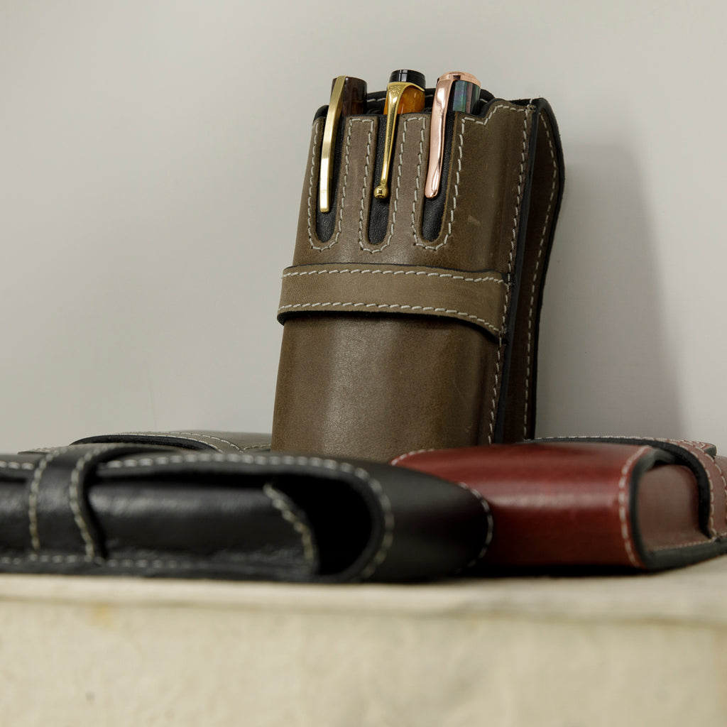 Pen Boutique Yak Leather Triple Pen Holder - Crazy Horse -Truffle/Black-Pen Boutique Ltd