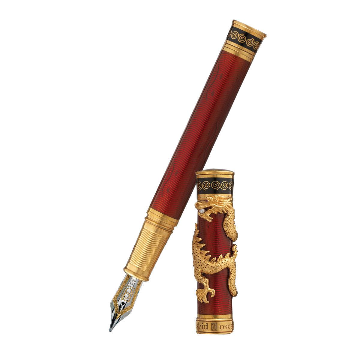David Oscarson Black Water Dragon Fountain Pen - Translucent Ruby Red and Opaque Onyx Black Hard Enamel with Gold Vermeil-Pen Boutique Ltd