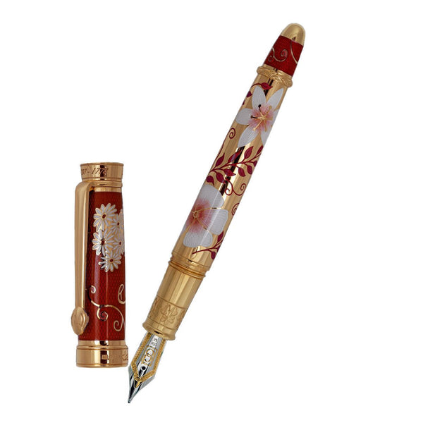 David Oscarson Carl Linnaeus Fountain Pen - Ruby Red with Multi-Colored Hard Enamel and Gold Vermeil-Pen Boutique Ltd