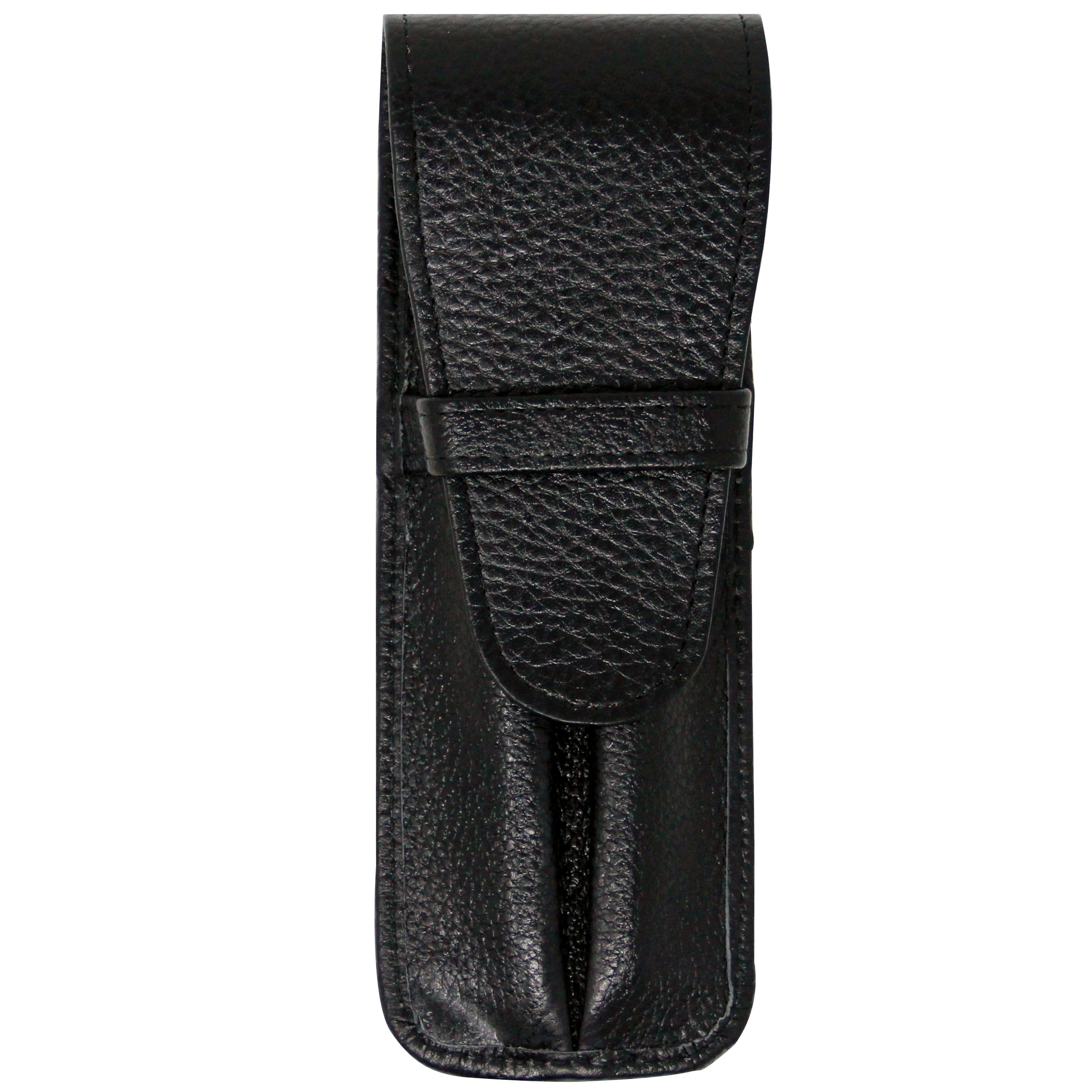 Yak Leather Premium Leather Two Pen Pouch with Flap Black-Pen Boutique Ltd