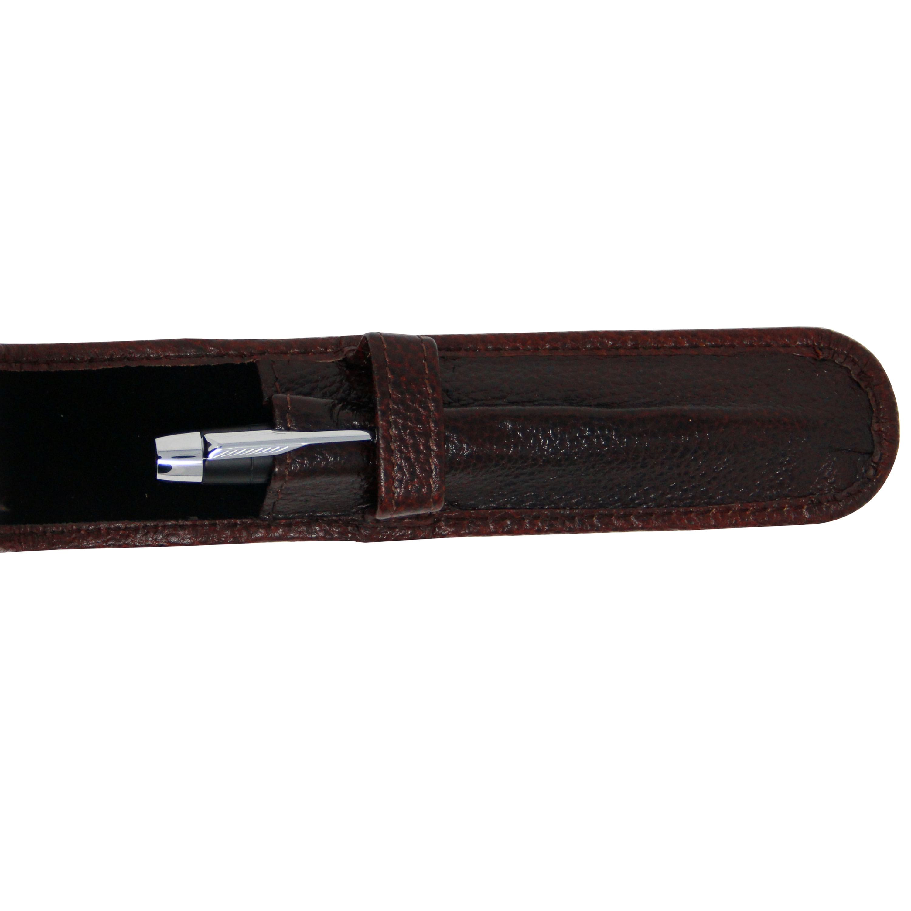 Yak Leather Premium Leather One Pen Pouch with Flap Brown-Pen Boutique Ltd