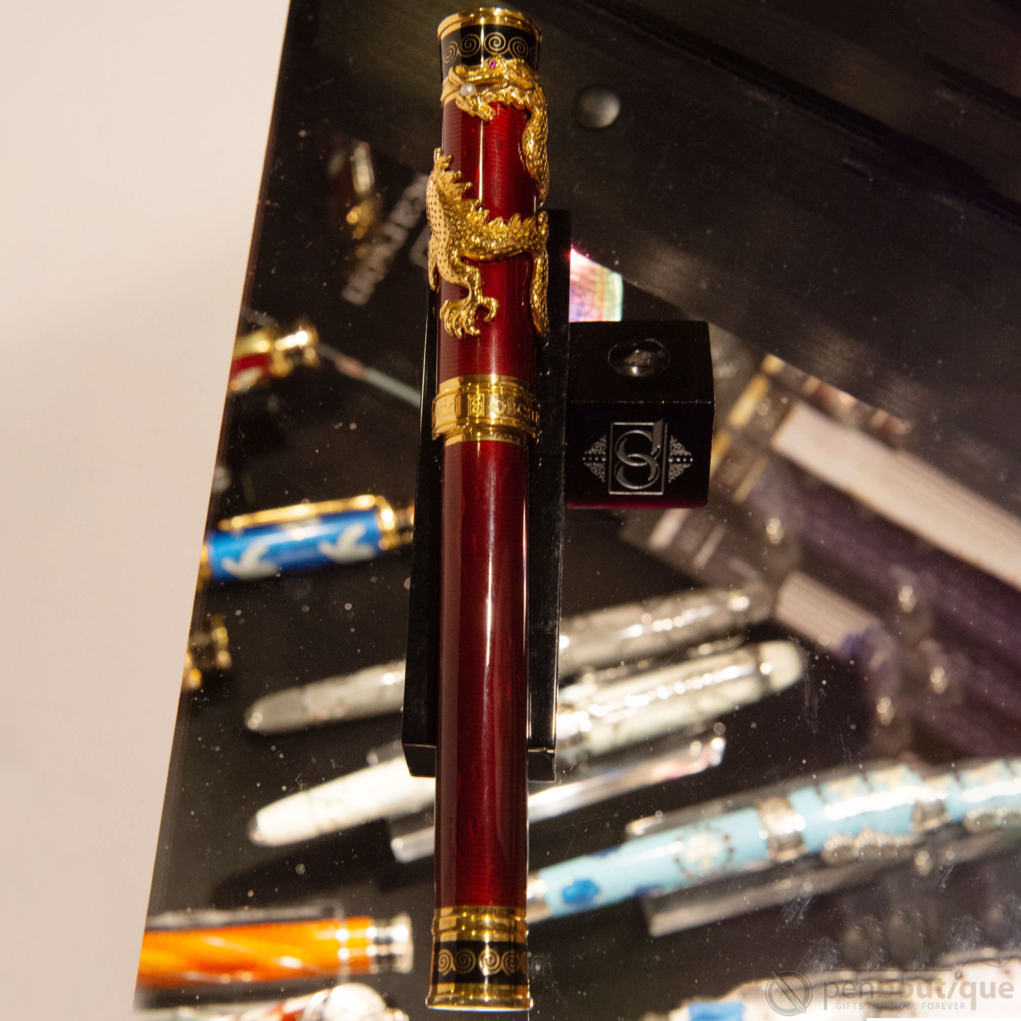 David Oscarson Black Water Dragon Rollerball Pen - Opaque Onyx Black and Translucent Ruby Red Hard Enamel with Gold Vermeil-Pen Boutique Ltd
