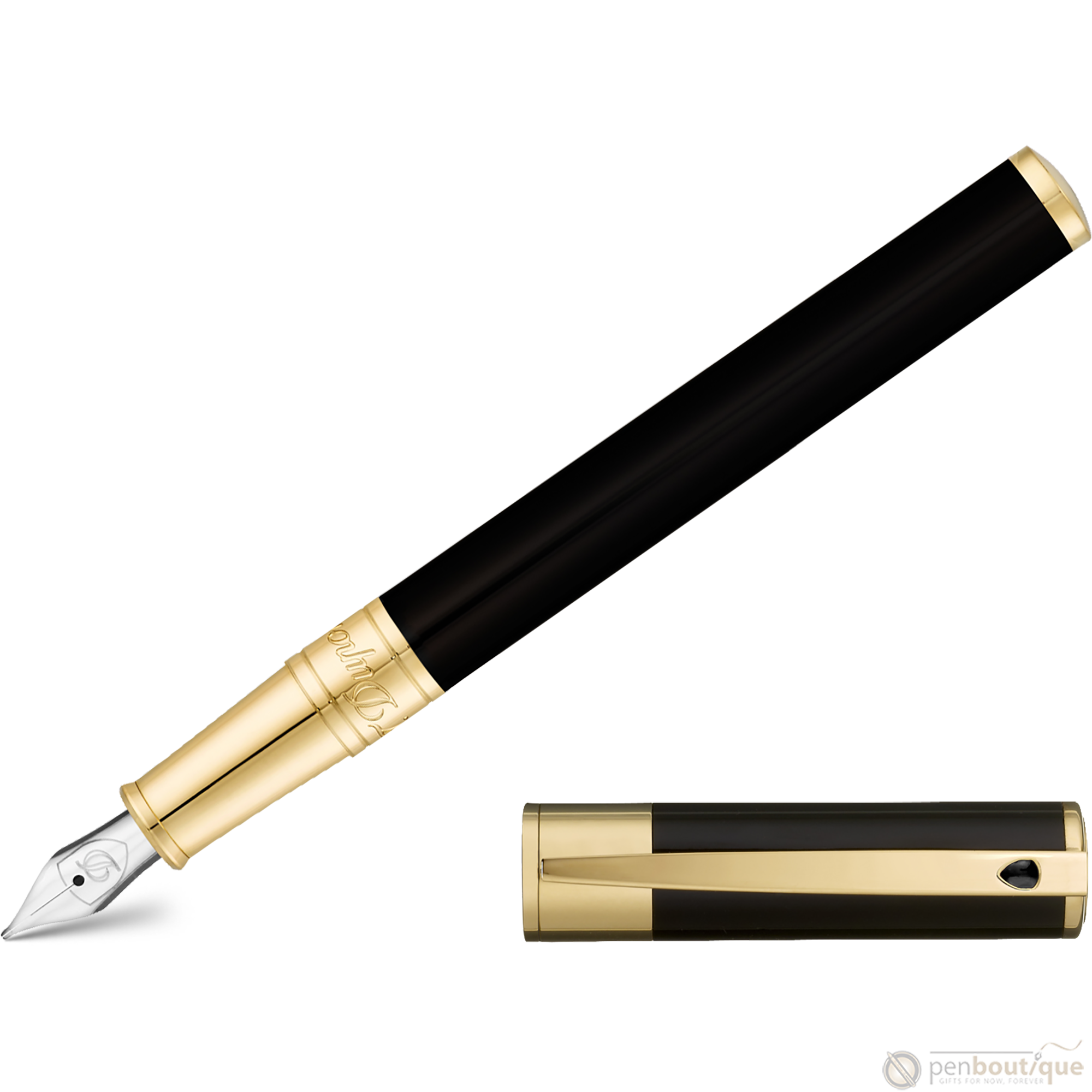 S T Dupont D-Initial Fountain Pen - Gold Trim - Black-Pen Boutique Ltd