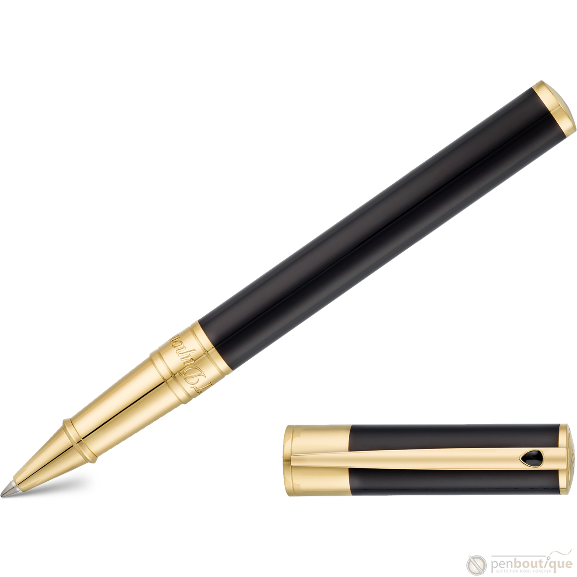 S T Dupont D-Initial Rollerball Pen - Gold Trim - Black-Pen Boutique Ltd