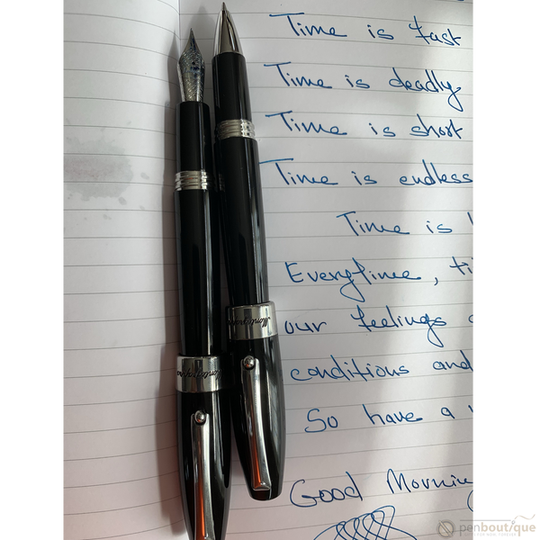Montegrappa Fortuna Palladium Trim Black Fountain and Rollerball Pen Set ( w/ Pen pouch)-Pen Boutique Ltd