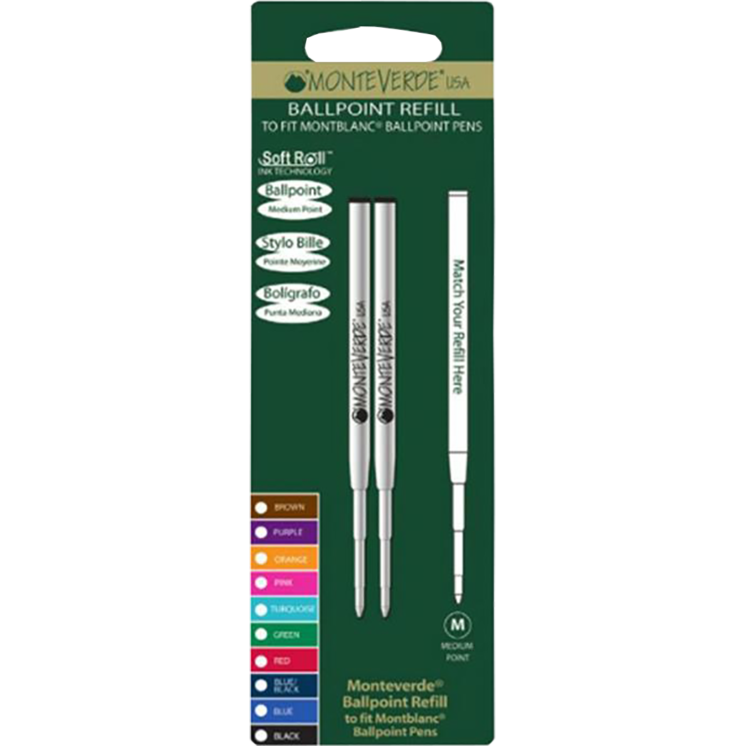 Monteverde Soft Roll Ballpoint 2 Pcs Pack Blister Card Refill To Fit Montblanc Ballpoint Pens Blue Black with Broad Pen Boutique Ltd