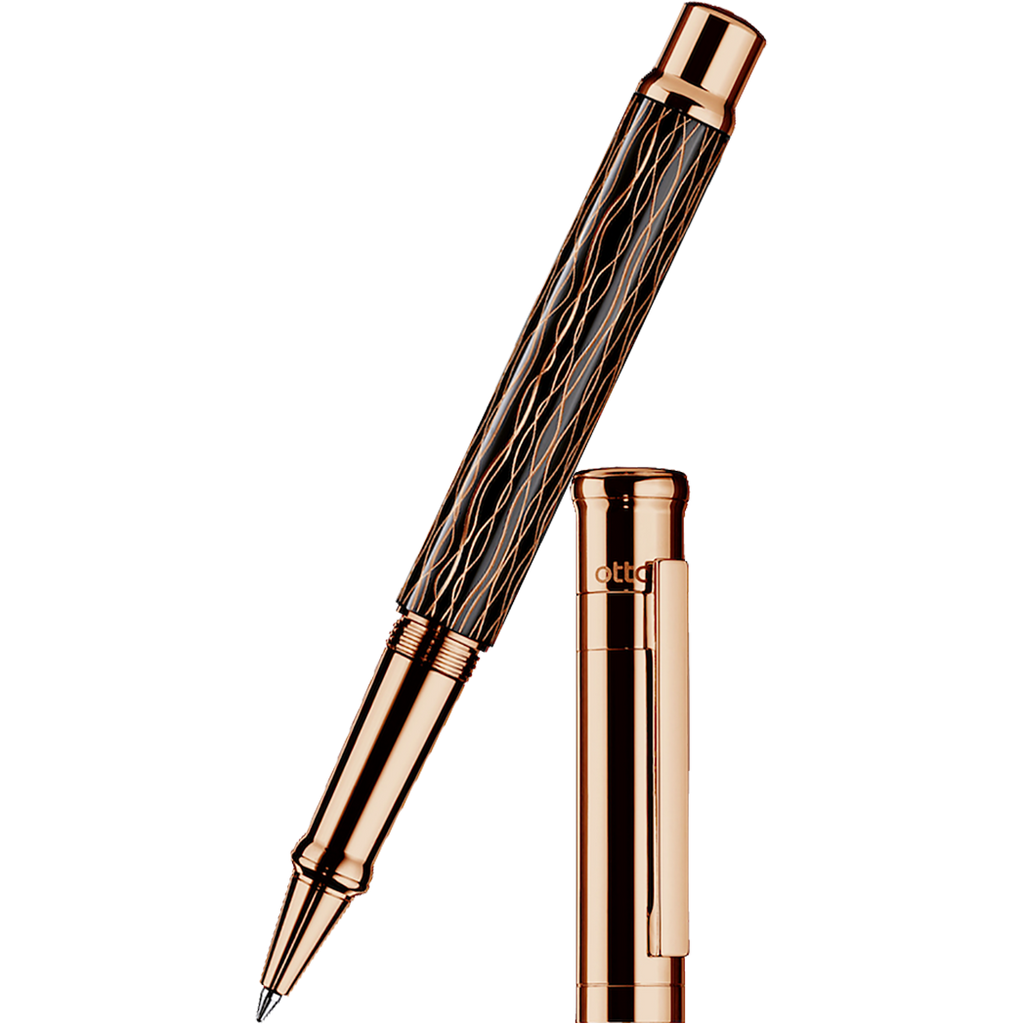 Otto Hutt Design 4 Rollerball Pen - Black Wave - Rose Gold Trim-Pen Boutique Ltd