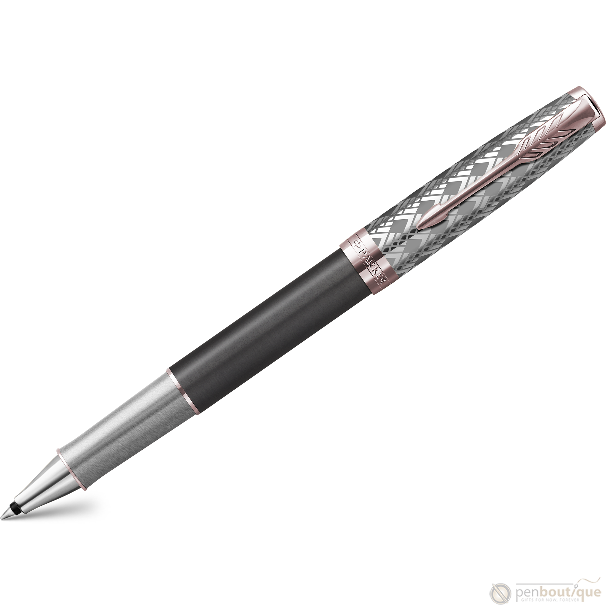 Parker Sonnet Premium Refresh Rollerball Pen - Metal & Grey - Pink Gold Trim-Pen Boutique Ltd