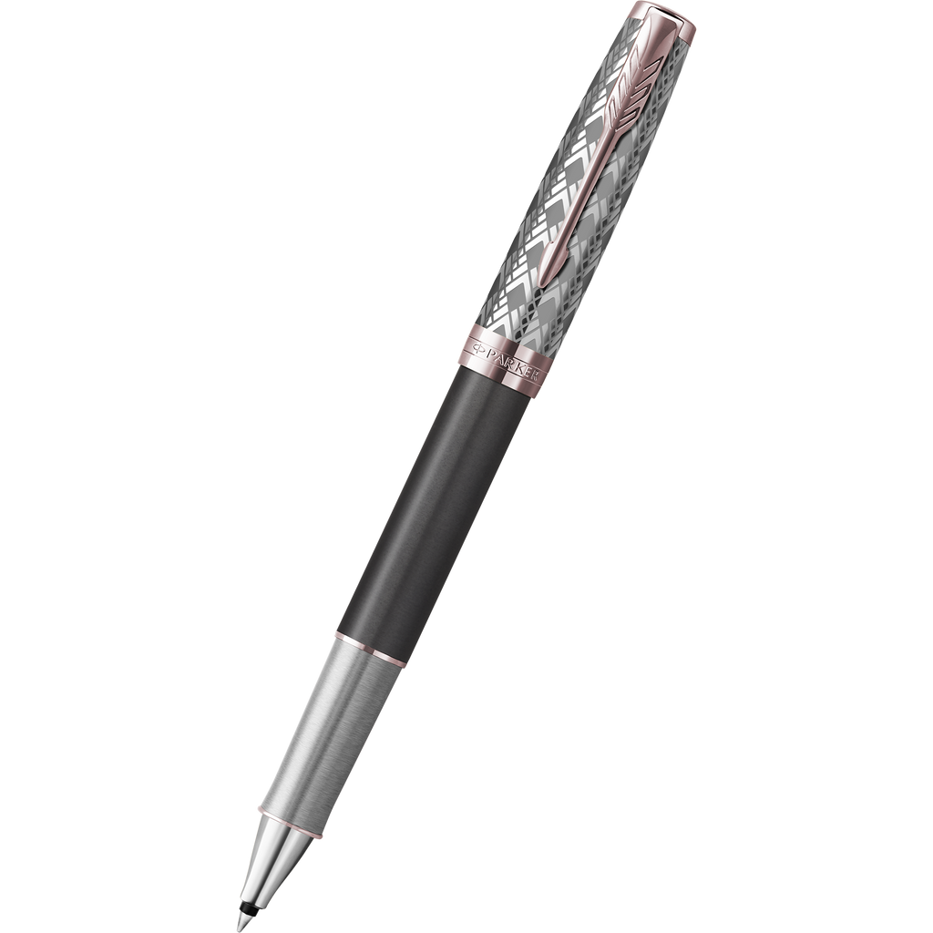 Parker Sonnet Premium Refresh Rollerball Pen - Metal & Grey - Pink Gold Trim-Pen Boutique Ltd