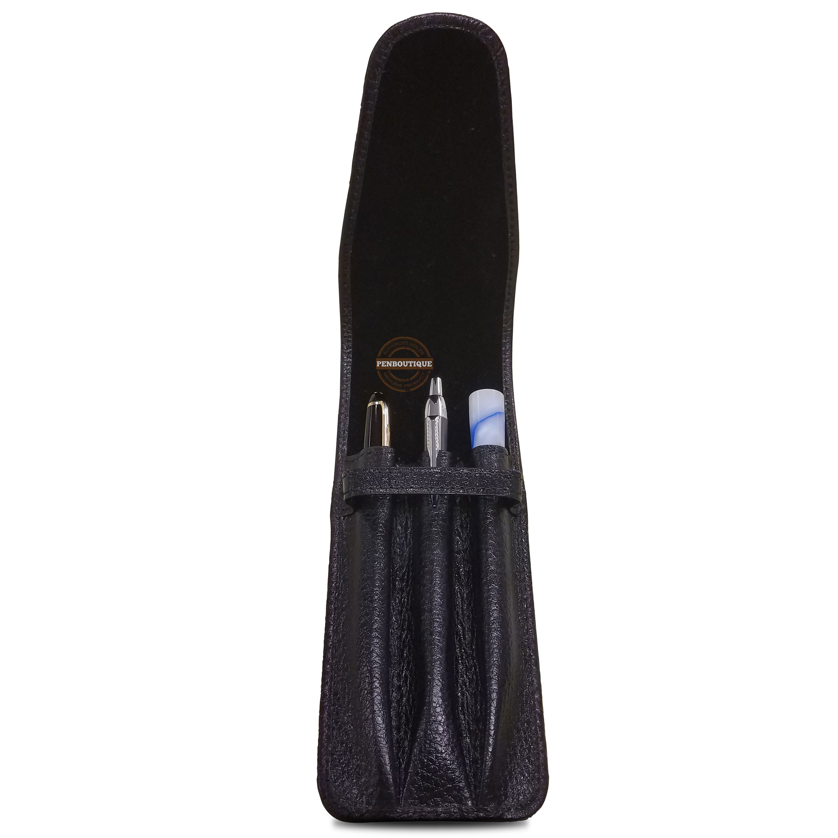 Yak Leather Premium Leather Three Pen Pouch with Flap - Black-Pen Boutique Ltd