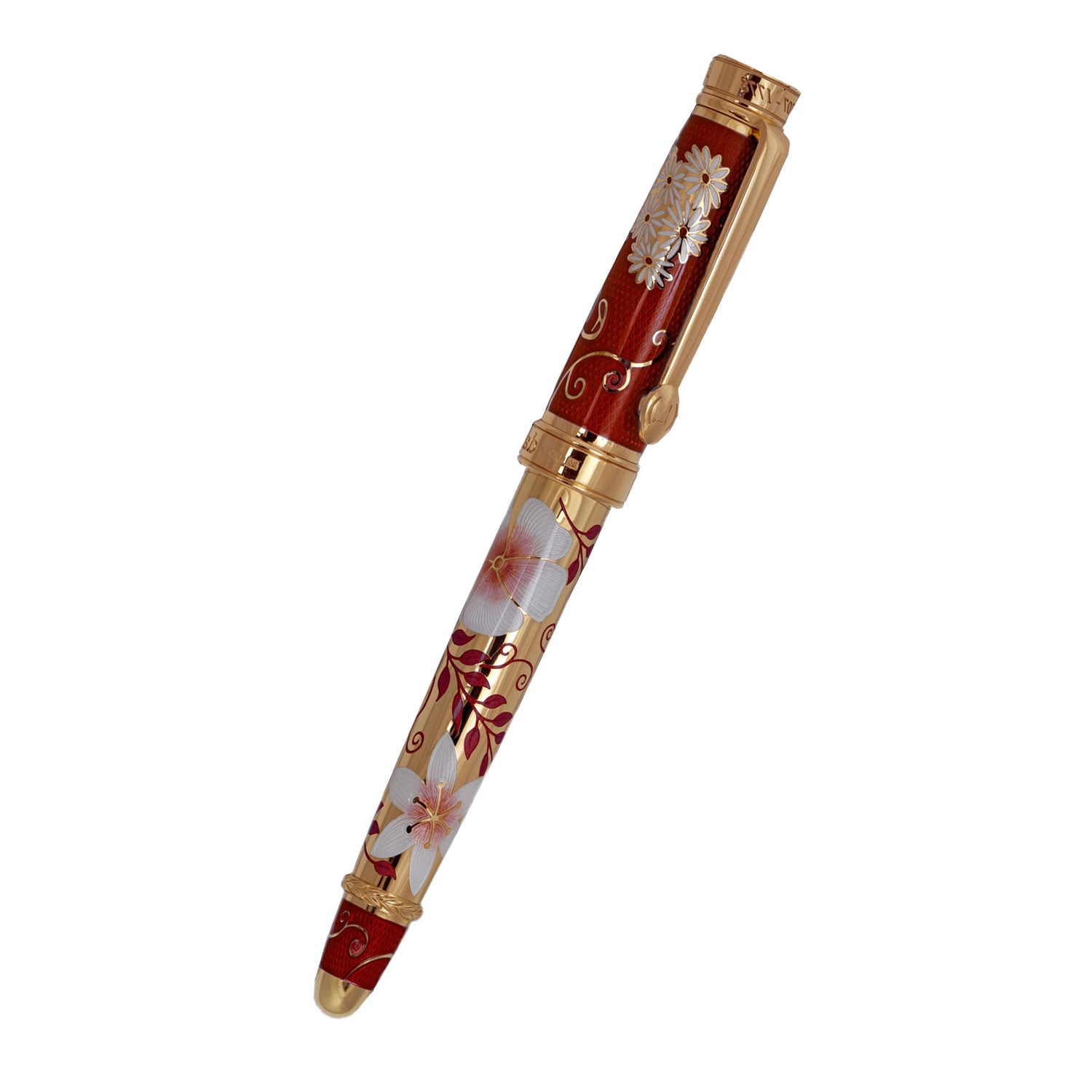 David Oscarson Carl Linnaeus Rollerball Pen - Ruby Red with Multi-Colored Hard Enamel and Gold Vermeil-Pen Boutique Ltd