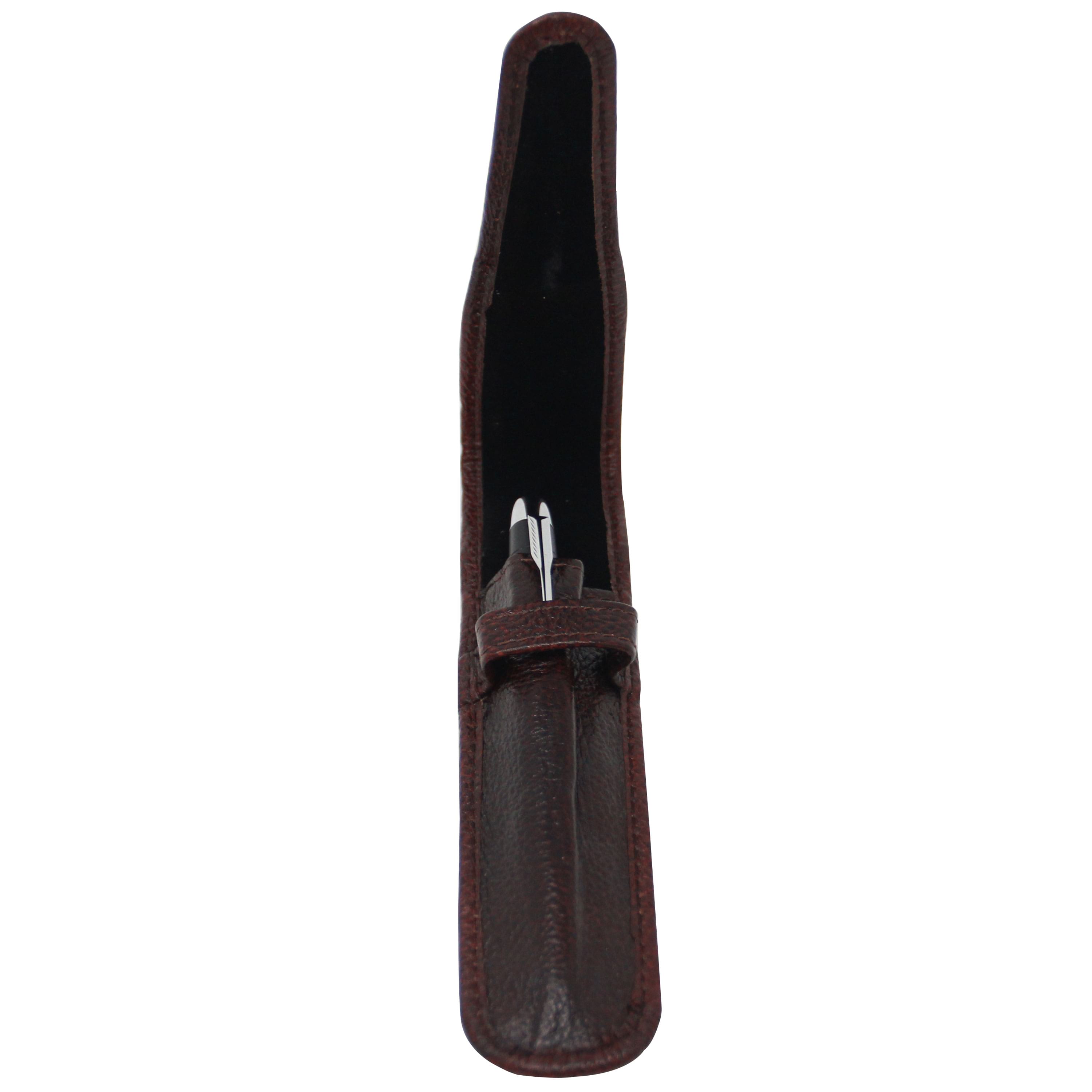 Yak Leather Premium Leather One Pen Pouch with Flap Brown-Pen Boutique Ltd