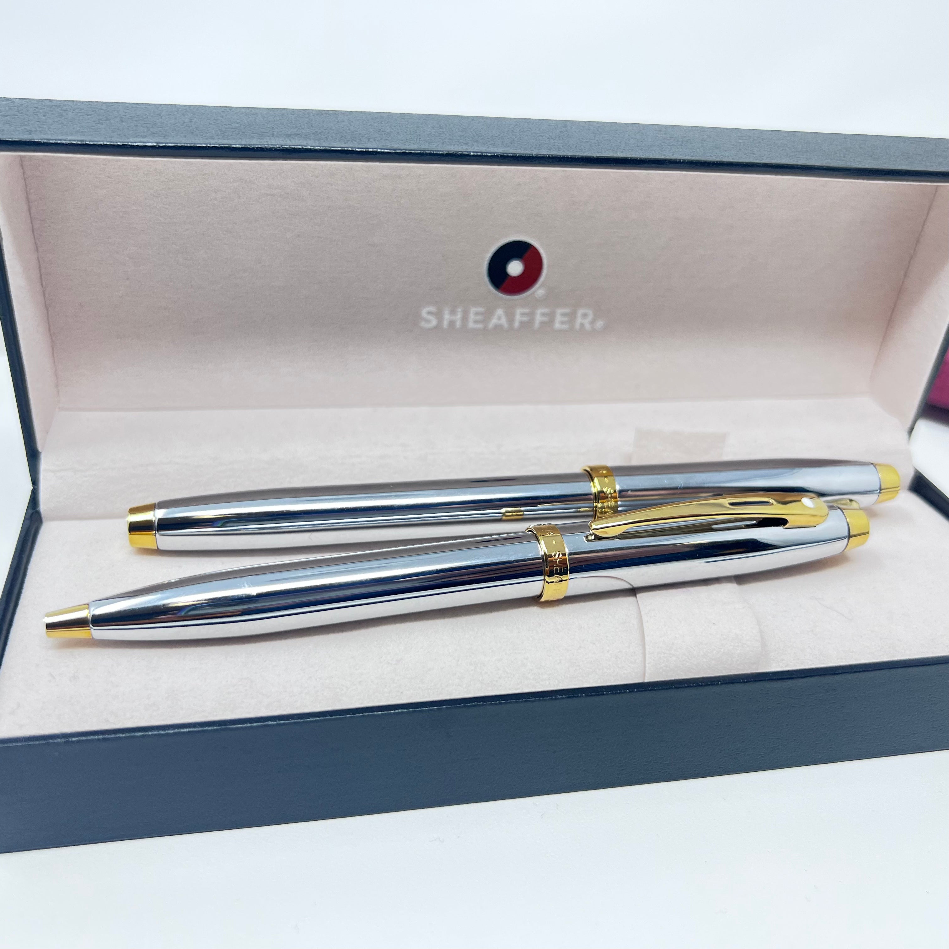 Sheaffer 100 Chrome with Gold Trims Set Fountain Pen M + Ballpoint with  FREE converter and Ink cartridges