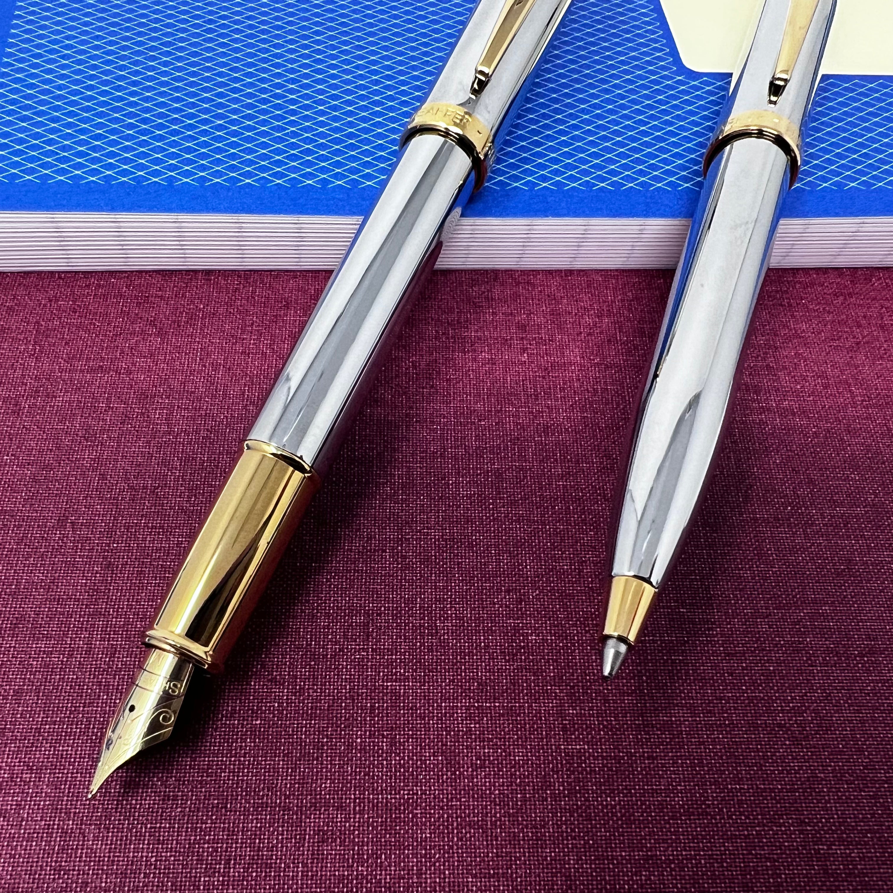 Sheaffer 100 Chrome with Gold Trims Set Fountain Pen M + Ballpoint with  FREE converter and Ink cartridges