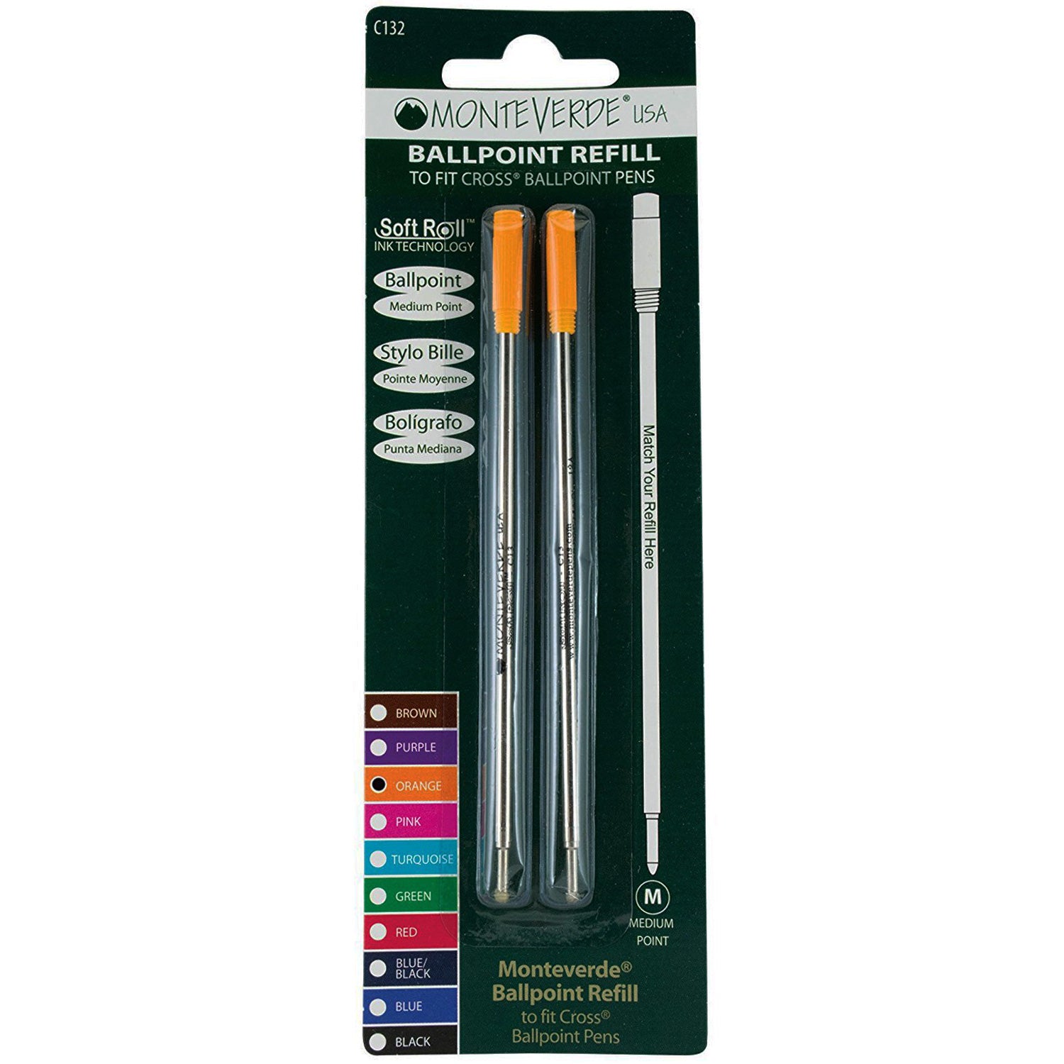 Monteverde Ballpoint refill to fit Cross pen - Orange Medium 2 per pack - Pen Boutique Ltd