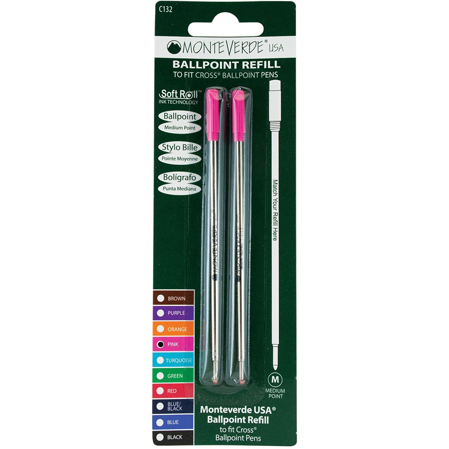 Monteverde Ballpoint refill to fit Cross pen - Pink Medium 2 per pack-Pen Boutique Ltd